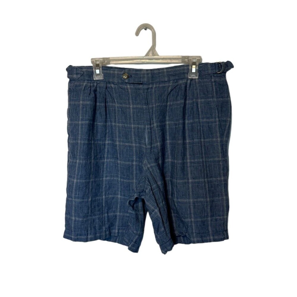 Peter Millar Shorts Mens 34 Blue Plaid 100% Linen Buckles Golf 8" Chino Preppy